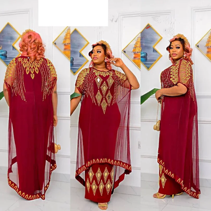 

Fake Two-Piece African Dresses for Women 2023 Traditional Nigeria Mesh Hot Drill Caftan Dress Abaya Musulman Robe Femme Clothes