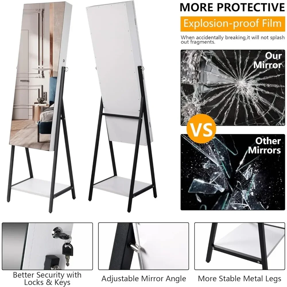 Comprimento total Espelho com Pé Armário, Jóias Cabinet, Standing Espelho, 42,5 polegadas, 3 LEDs