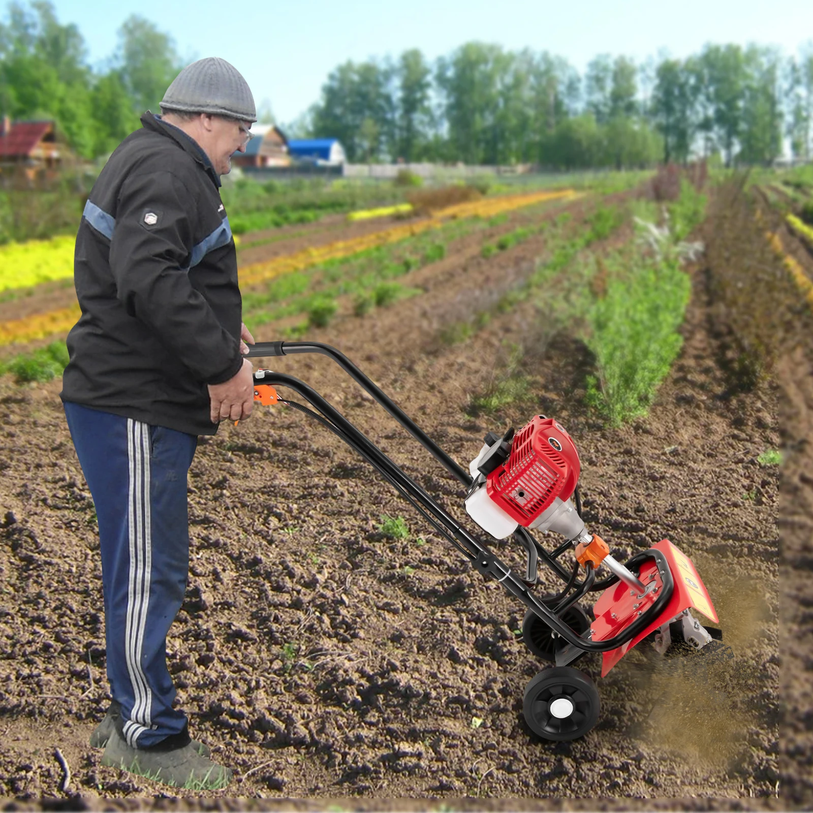 

2-Stroke 1.9kw Gas Power Garden Farmyard Tiller Cultivator 6500 rpm Tilling Tool 52cc For Garden Farm