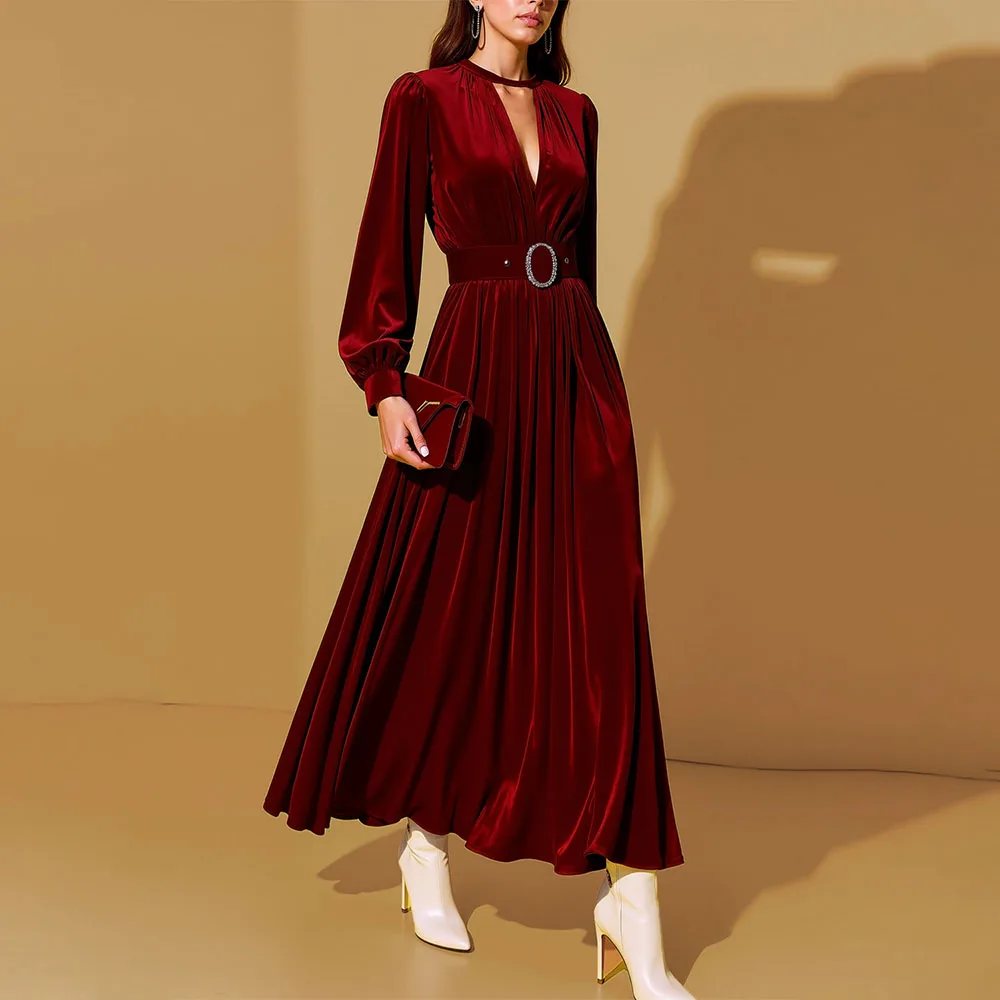 

Высокое качество по индивидуальному заказу с v-образным вырезом и длинными рукавами, поясом до щиколотки, красные элегантные пышные платья Kleider Damen, женские платья Vestidos فستان