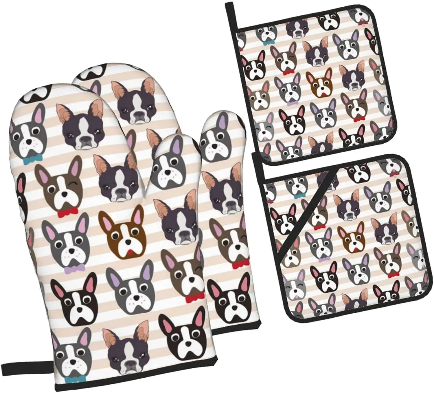 Boston Terrier Oven Mitts Pot Holders Sets 4 Piece Set Heat Resistant Non Slip Oven Mitts for Cooking Baking Grilling