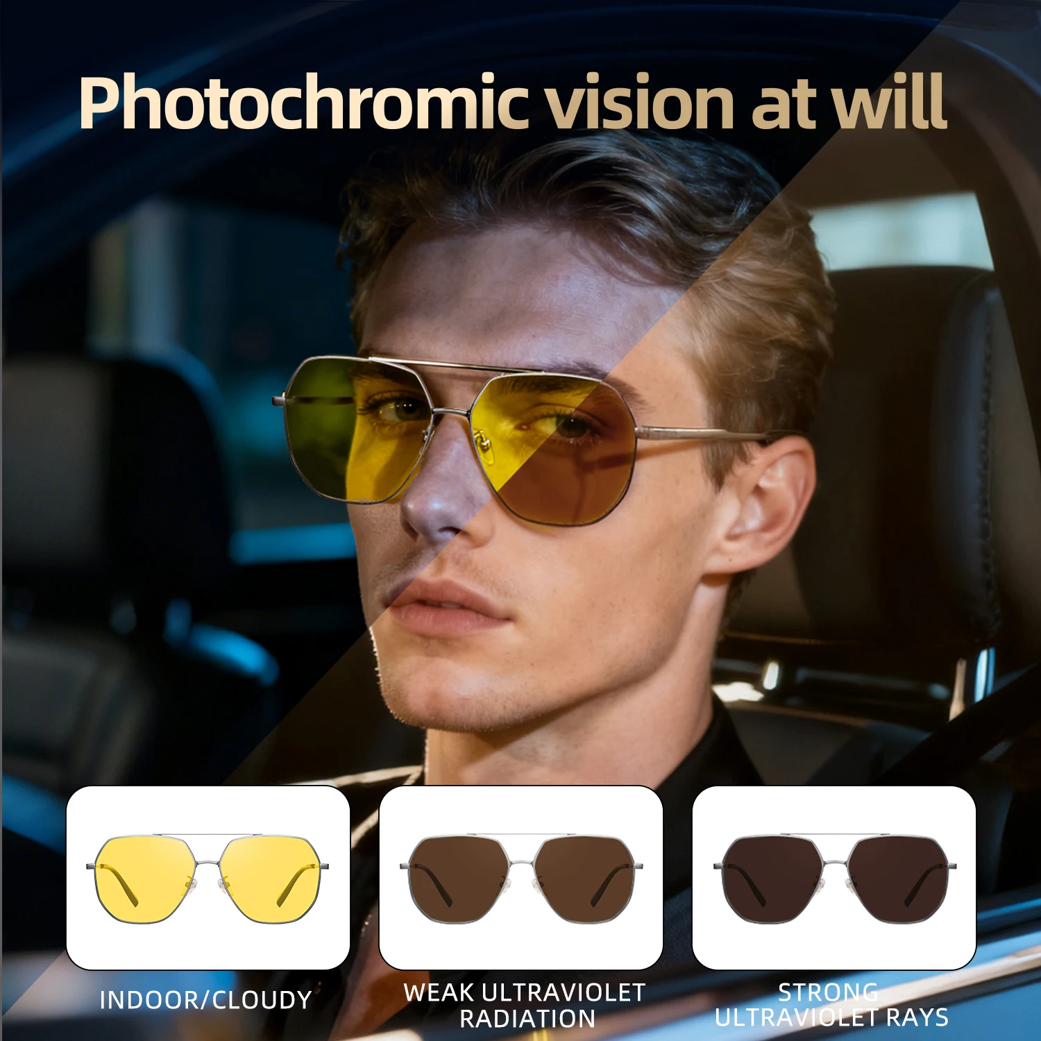 CAPONI Night Vison Men Sunglasses Double Bridge Original Photochromic Brown Sun Glasses Driving UV400 Yellow Shades BSYS08279