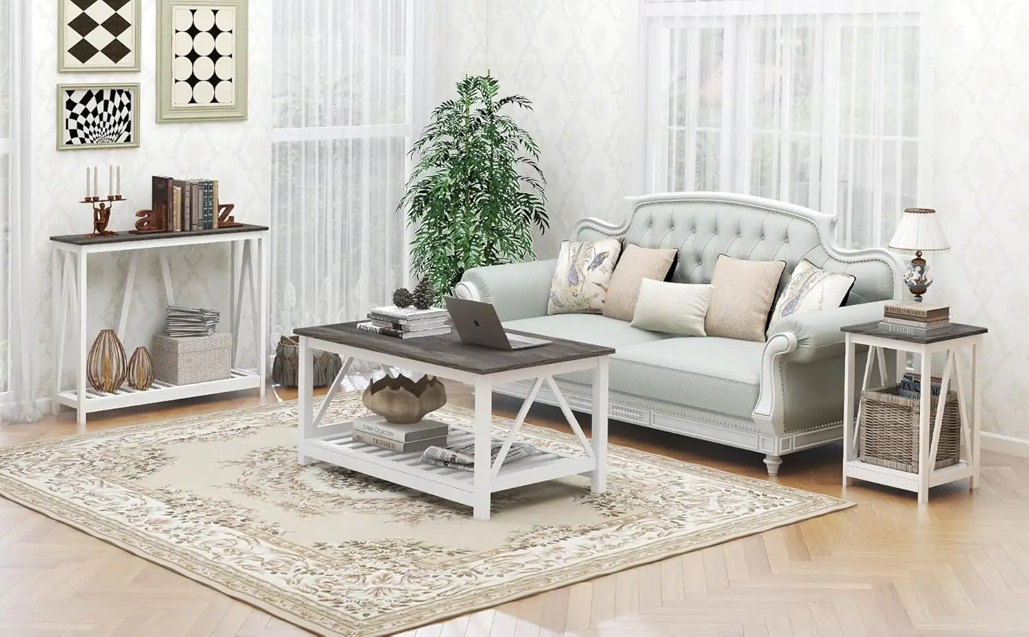 Farmhouse Coffee Table & Console Table Set Of 2, 2-Tier Wooden Living Room Table Set With Slats Base, Dark Oak