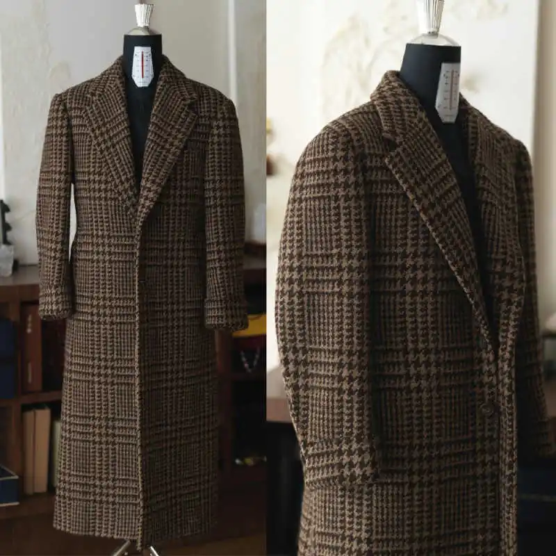 Handsome Men Long Coat 1 Piece Set Check Man Overcoat Fashion Notched Lapel Warm  Plus Size Business Blazers Customized