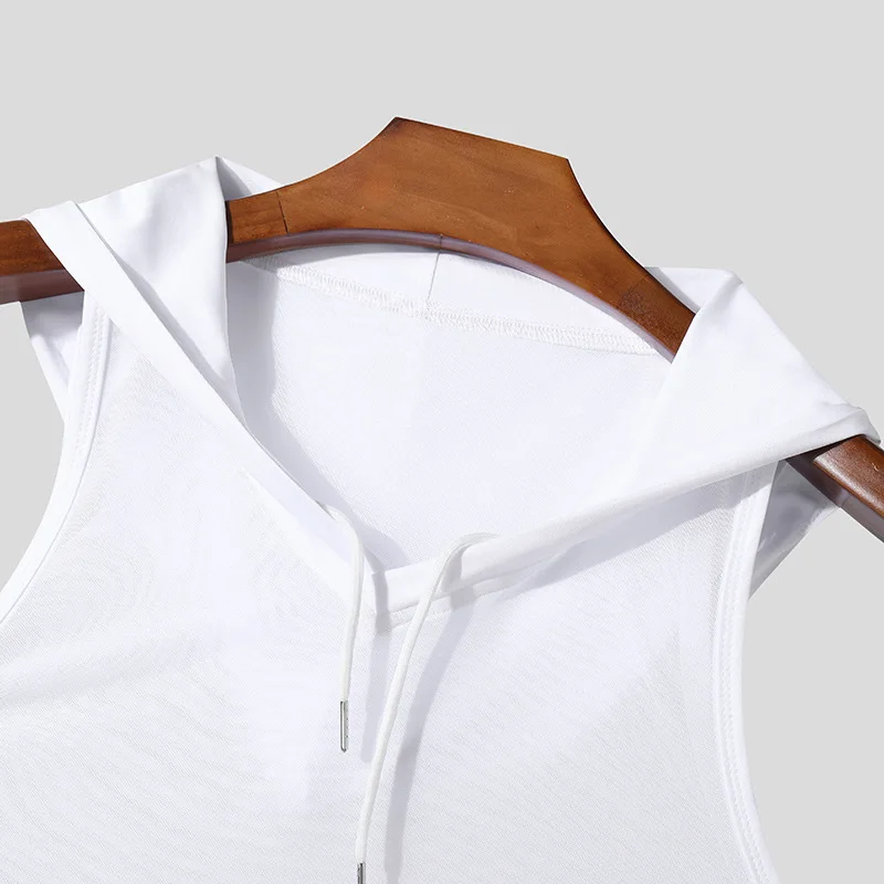 2025 نمط جديد عصري للرجال بدون أكمام للياقة البدنية مريح برباط رياضي - لون سادة شفاف مثير