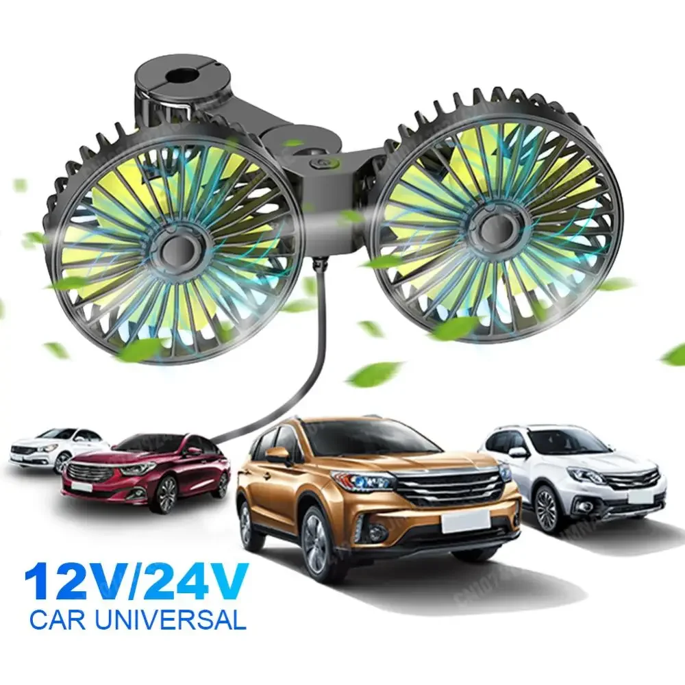 12V/24V Car Powerful Fan Dual Head USB Auto Rear Seat Air Fan 3 Speed Adjustable Electric Seat Back Cooler for Vehicle SUV Sedan