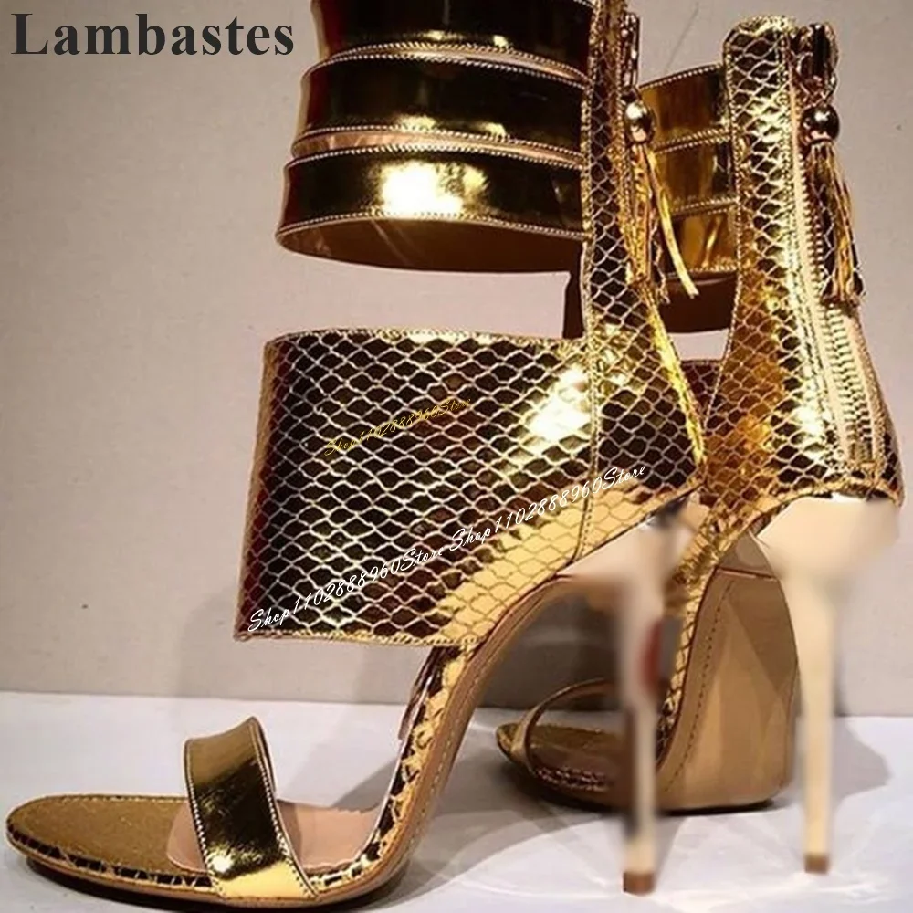 

Metallic Gold Snake Skin Strap Sandals Thin High Heel Shoes For Women Back Zipper Open Toe 2024 Fashionable Zapatillas Mujer