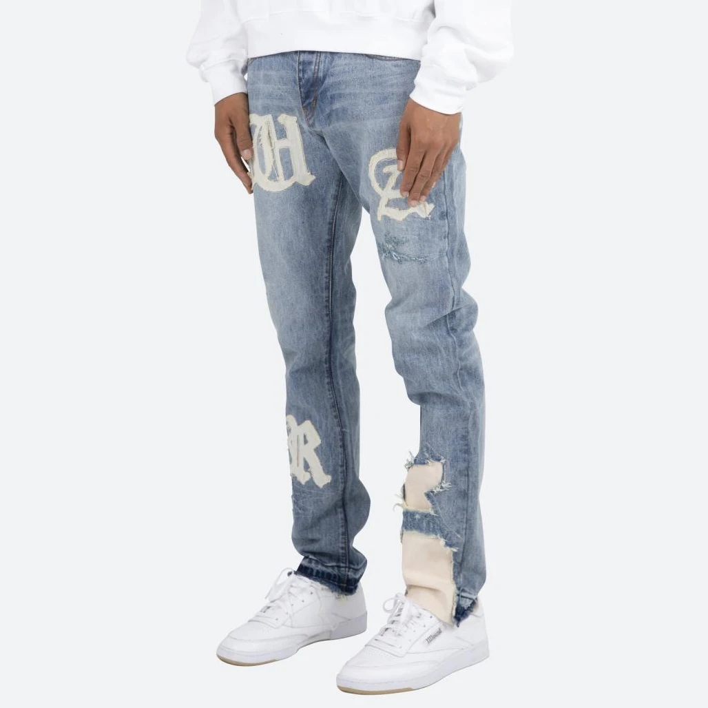 Vintage Washed Letter Embroidery Ripped Hole Blue Men\'s Jeans Straight Frayed Streetwear Hip Hop Loose Unisex Denim Trousers