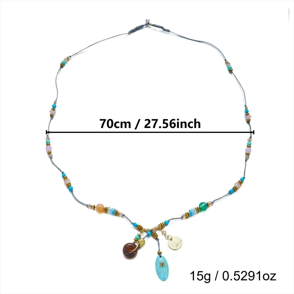 Vintage Bohemian Blaue Naturstein-Oval-Anhänger-Halskette für Frauen und Männer, Bunte Acrylperlen-Seilkette, Ethnischer Schmuck – Detail 29