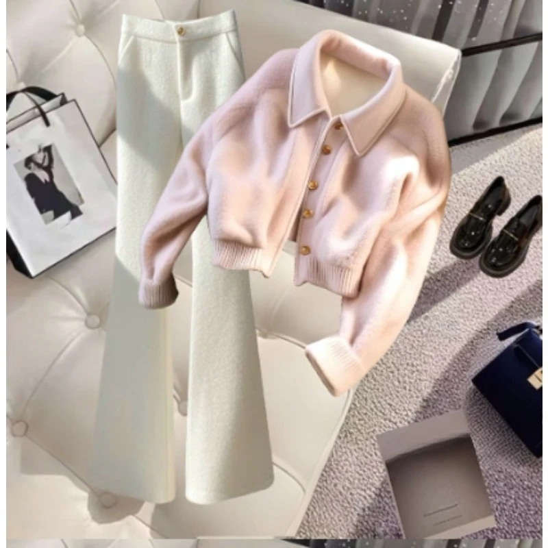 الخريف الشتاء الكورية نمط أنيق الراقية واحدة الصدر معطف قصير الاسترخاء بنطلون المألوف قطعتين مجموعة للنساء #2