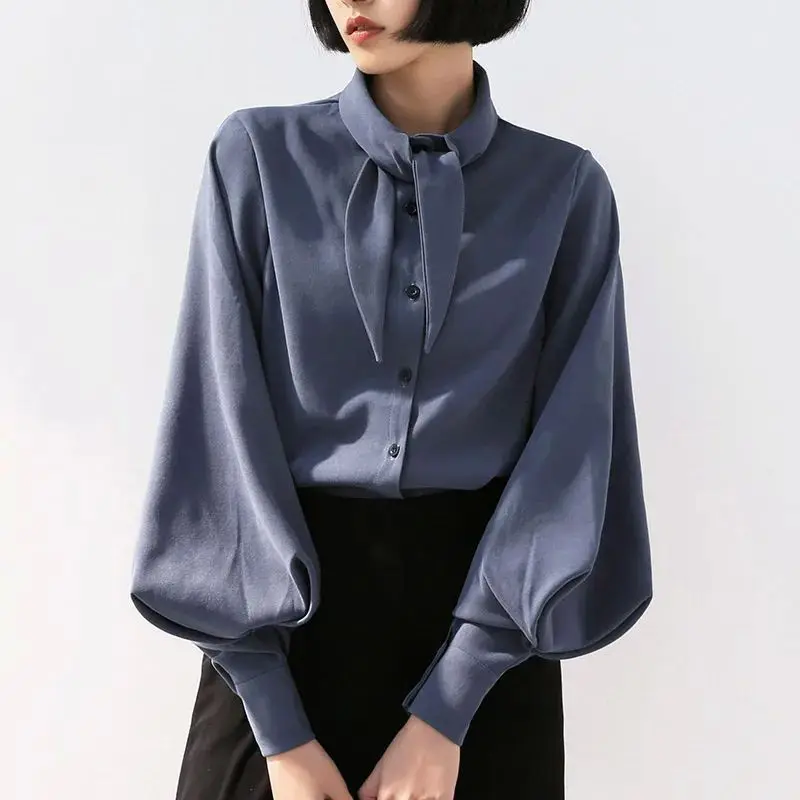 

Женская блузка Ele Blue Bla с бантом на воротнике и рукавами-фонариками, модная, из высококачественного материала, 100% прочный материал, женская блузка