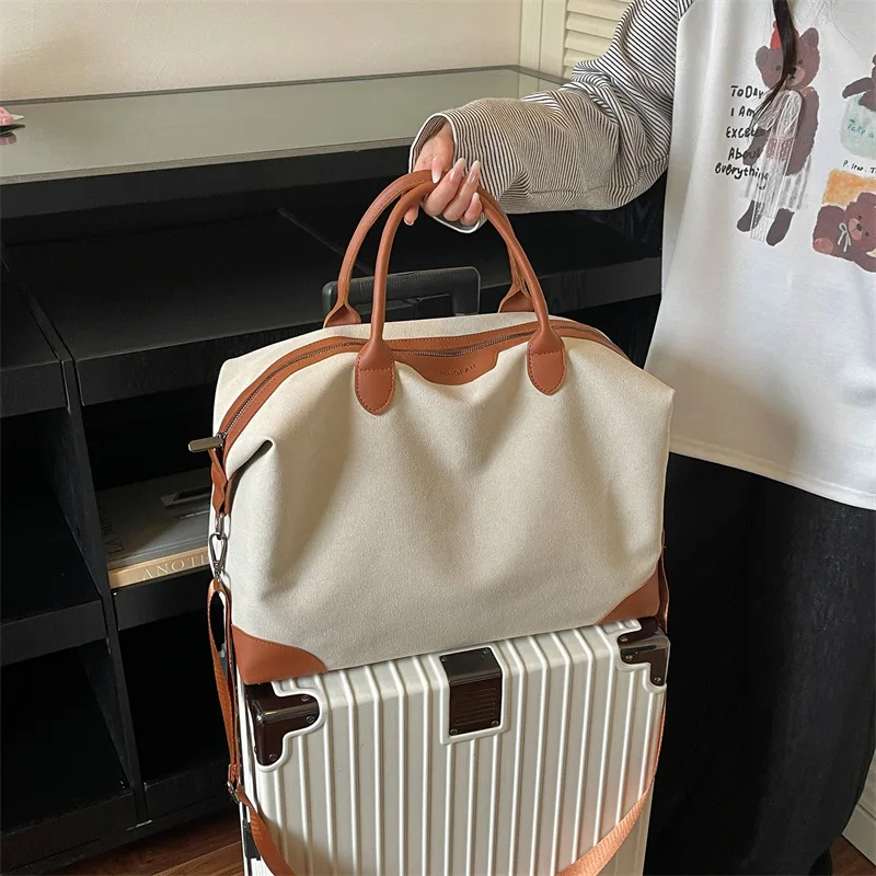 Women Weekender Bag Cream White Canvas PU Leather Trim Travel Duffel with Detachable Strap Luggage Sleeve Shoulder Crossbody