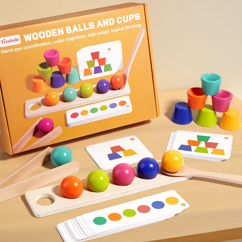 Wooden Montessori Educational Toys For Kids Color Matching Ball Stacking Cups Game Cognition Preschool Learning Teaching Aids