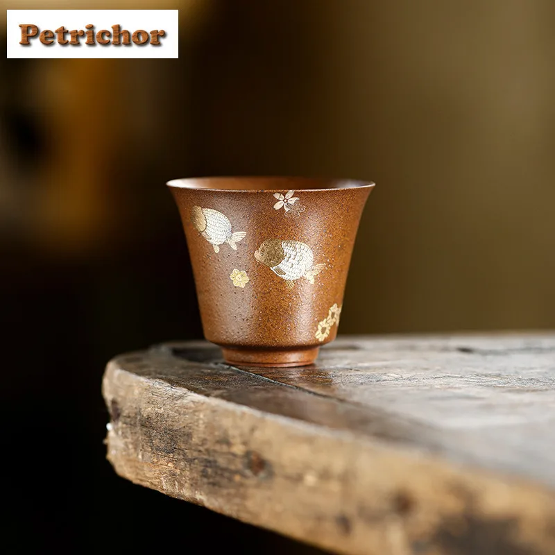 

60ml Goldfish Sauce Glaze With Coaster Teacup Retro Tea Bowl Single Cups Tea-tasting Smelling Cup Jianzhan Master Cups Drinkware