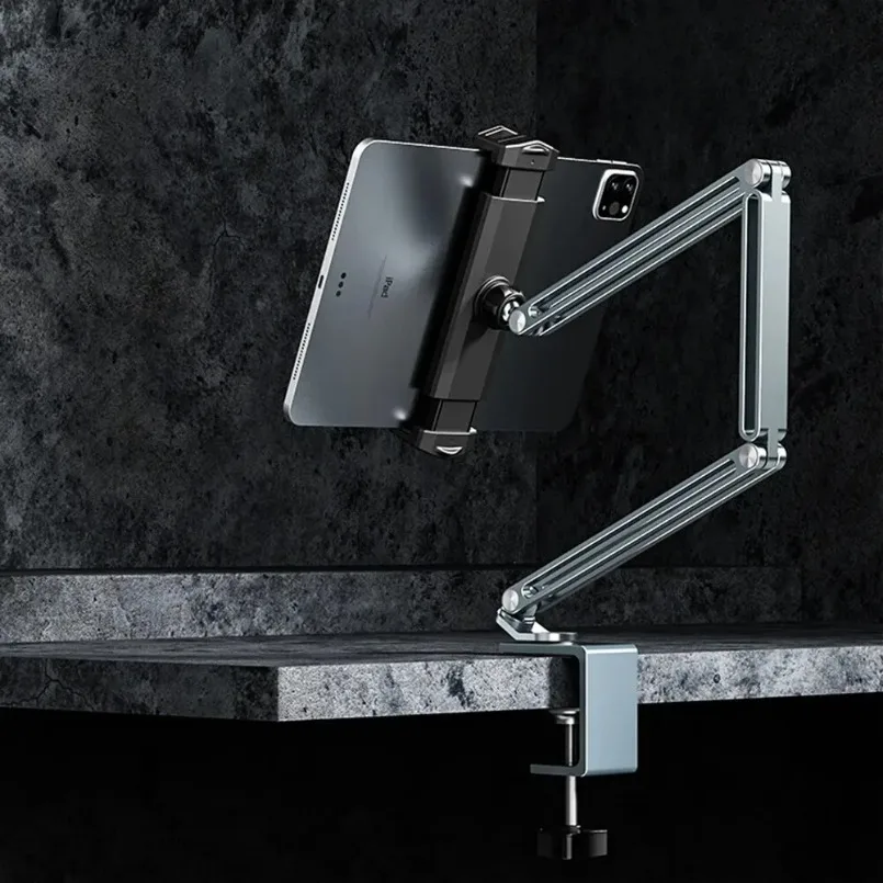 Regulowany stojak na tablet do łóżka/biurka, aluminiowy uchwyt na ramię do telefonów komórkowych i tabletów o przekątnej 4-12,9 cali, kompatybilny z iPad Pro Mini Xiaomi Tab