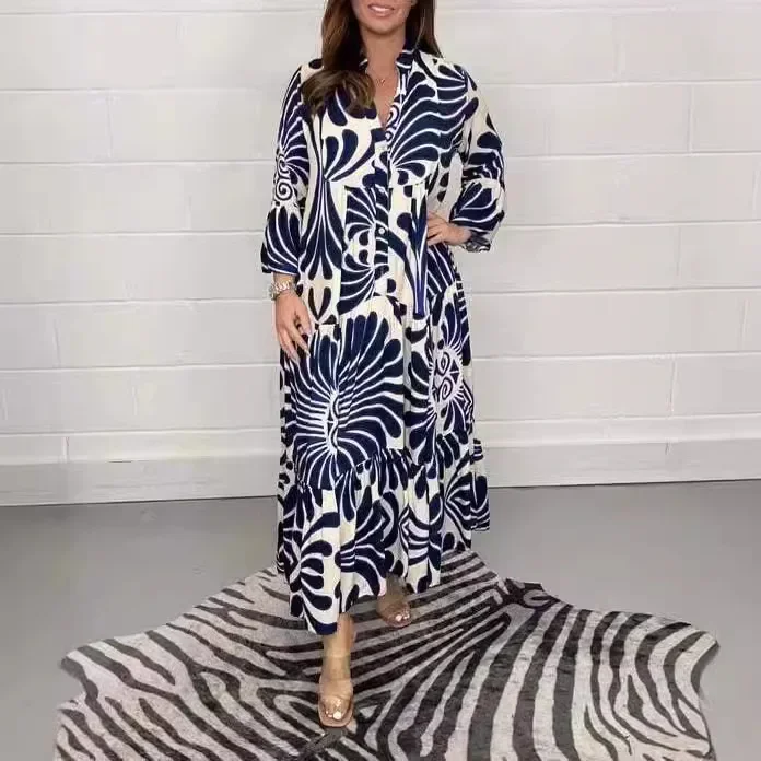 2024 novos vestidos femininos moda impressa com decote em v meia mangas vestido longo para mulher