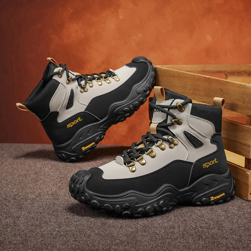 Winter Leather Ankle Boots For Men Biker Boots Lace-up Platform Men's Motorcycle Boots Outdoor Anti-slip High Top Hiking Shoes