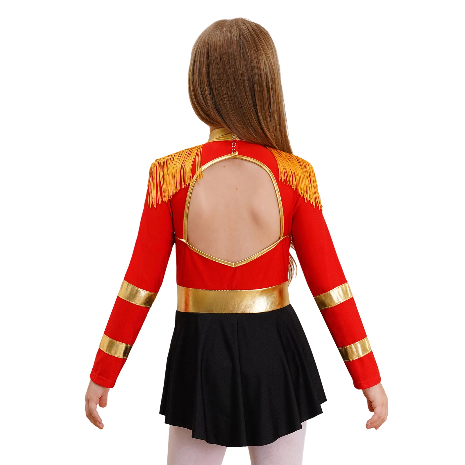 Kids Girls Ringmaster Bodysuit Dress Circus Jumpsuit Halloween Carnival Party Cosplay Costume Long Sleeves Tassels Leotard Dress