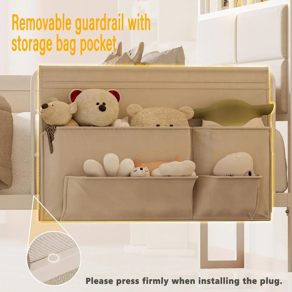 Cama doble de metal blanco con barandilla, carrito de cama, estación de carga y diseño sin ruido