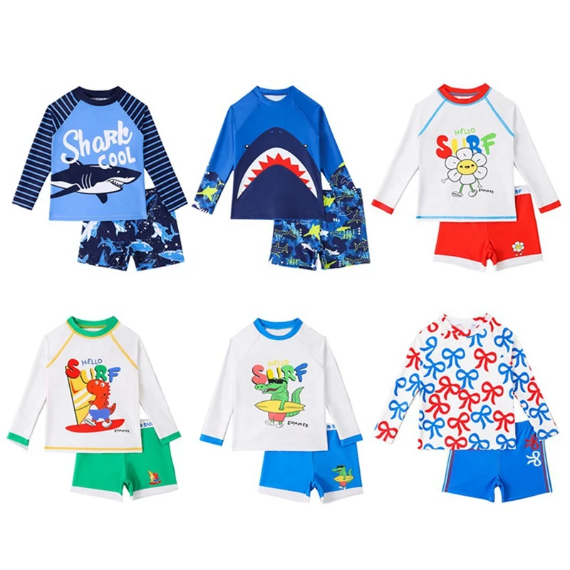 Cartoon Animals Pattern Printed Swimming Suits for Kids Boys Summer Quick Dry Elastic Swimming T-shirts Shorts Sets for Child