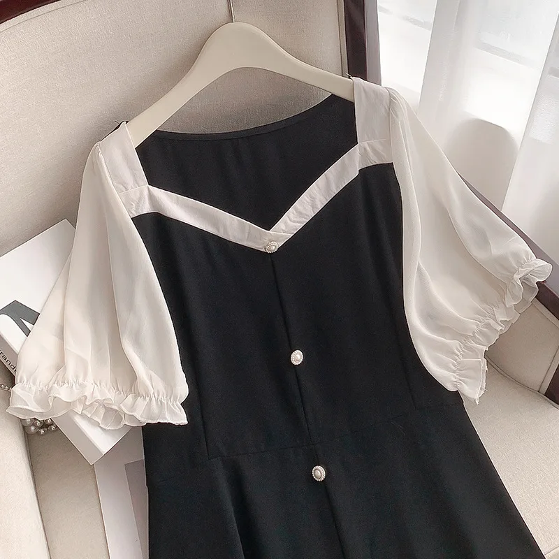 160Kg Plus Size Women\'s Bust 160 Summer Loose Square Neck Short Sleeve Dress Black 6XL 7XL 8XL 9XL 10XL