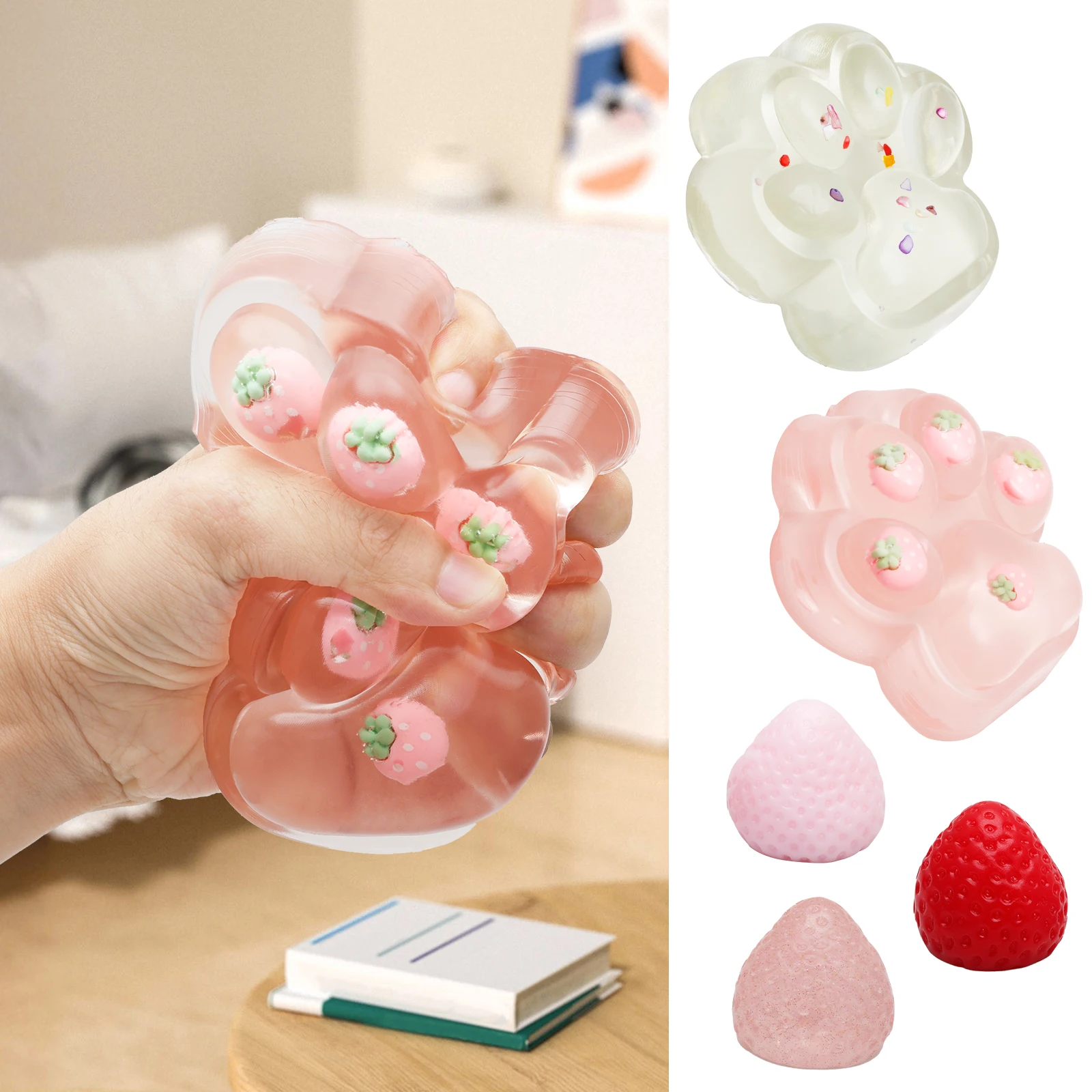 5 Pcs Portable Squeeze Toy for Relaxation Soft Cute Strawberry and Cat Paw Squishy Toy for Children and Adult Holiday Event