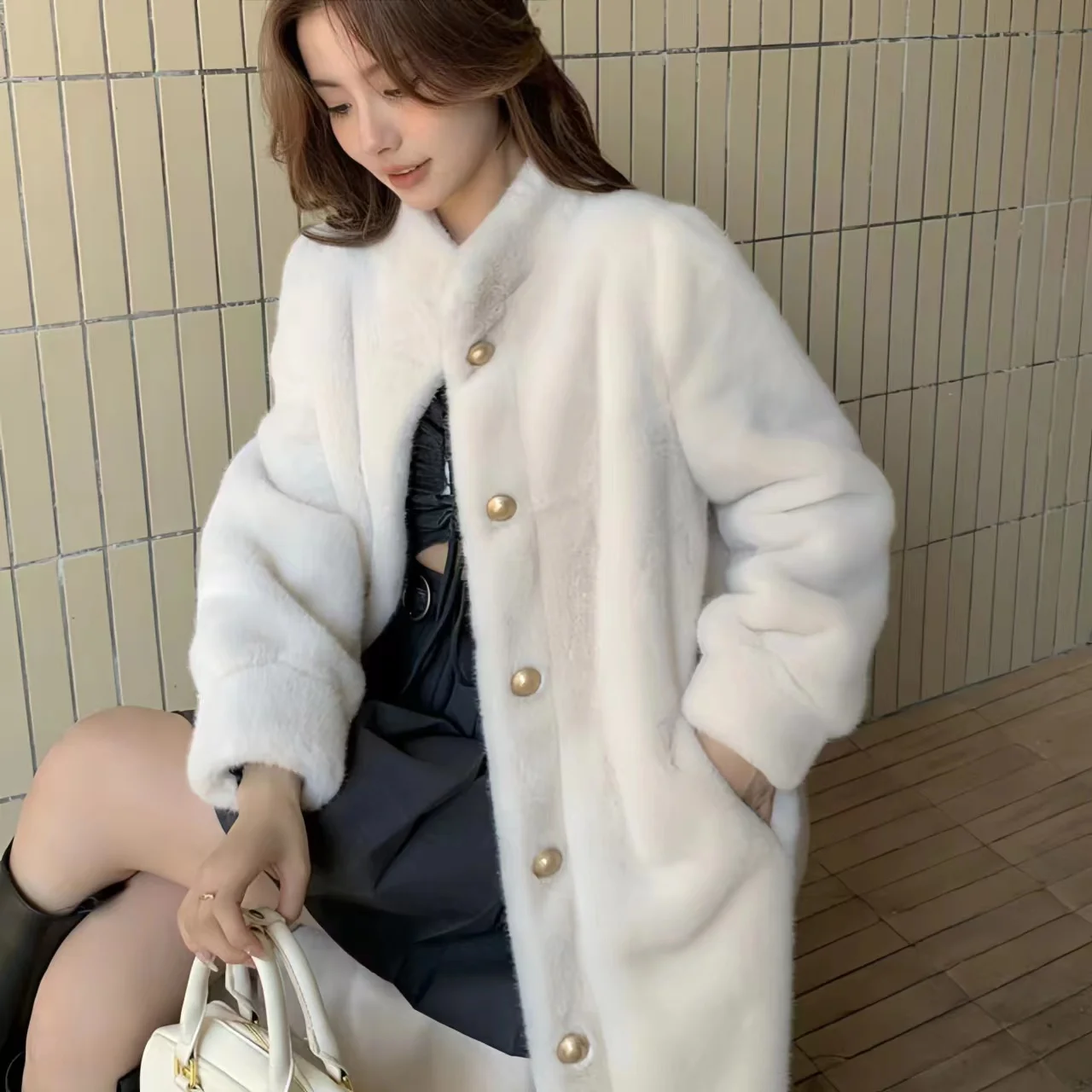 Single Breasted Fox Fur Coats for Women, Preppy Style Female Overcoat, Loose, Thicken Warm Long Clothes, New Tops, Winter