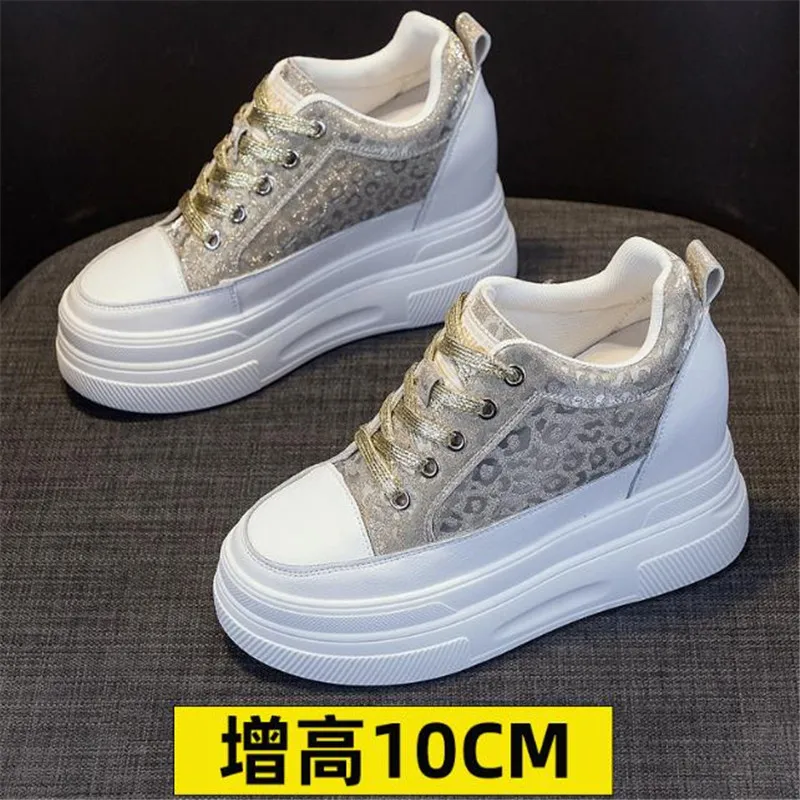 10cm piattaforma in vera pelle zeppa Chunky Sneaker tacchi nascosti Casual traspirante primavera autunno scarpe vulcanizzate di alta marca 34 39