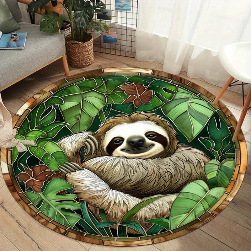 Sloth Animal Round Rug Flannel Printed Carpet Nature Theme Home Decor Cozy Soft Floor Mat Living Room Indoor Use