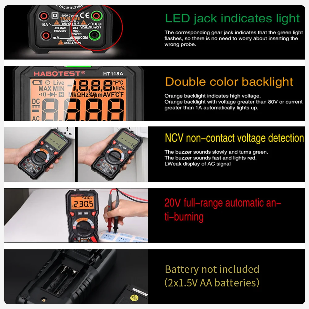 HT118 Digitalmultimeter Ture RMS 1000 V AC/DC 6000 Zählungen Voltmeter Auto/Manueller Bereich NCV Hz Diode Ohm Tester mit Hintergrundbeleuchtung – Detail 14