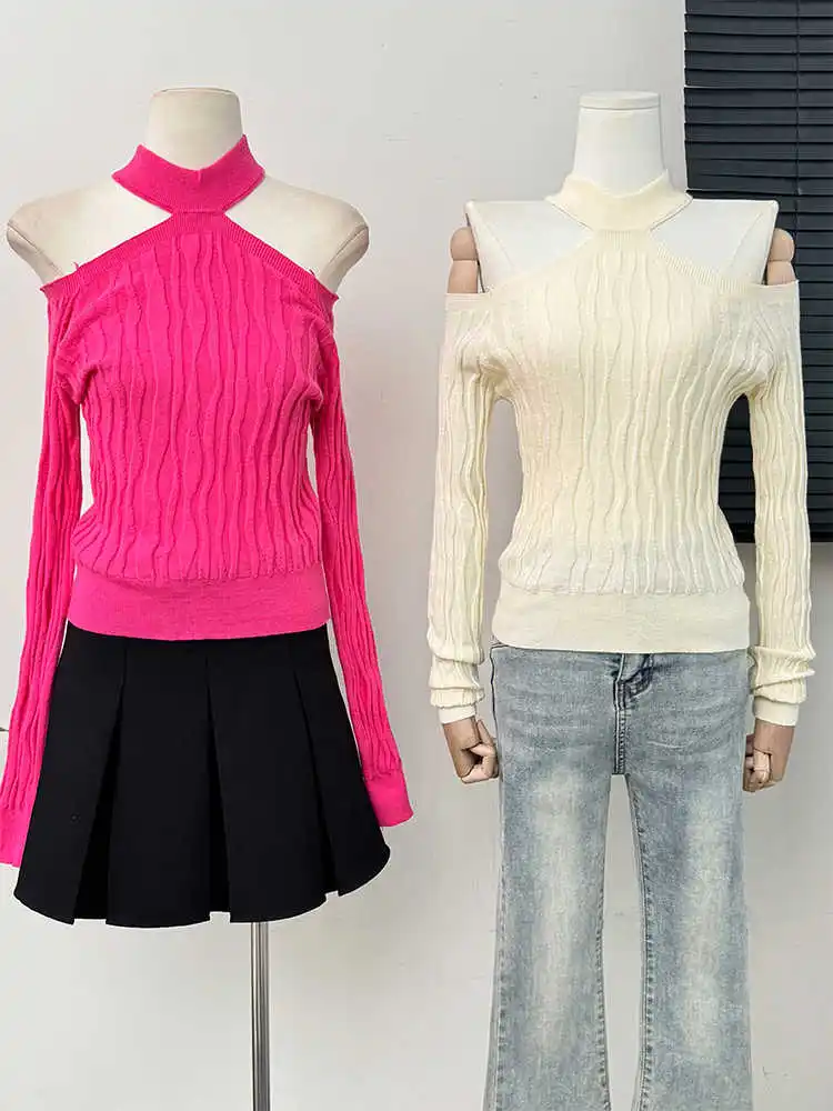 

Women Halter Off The Shoulder Long Sleeve Knitwear Spring Autumn Solid Color Slim Bottoming Sweater Lady Knitted Tops