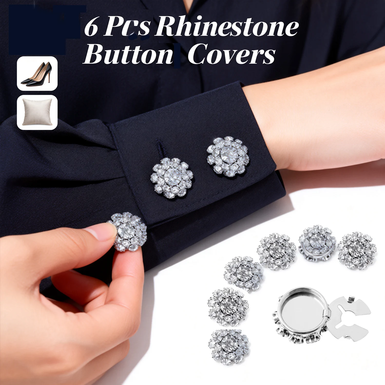 6Pcs Rhinestone Button Cover Decorative Button Cover Clip Easy to Install Shirt Accessory for Women Men Clothing Wedding Party