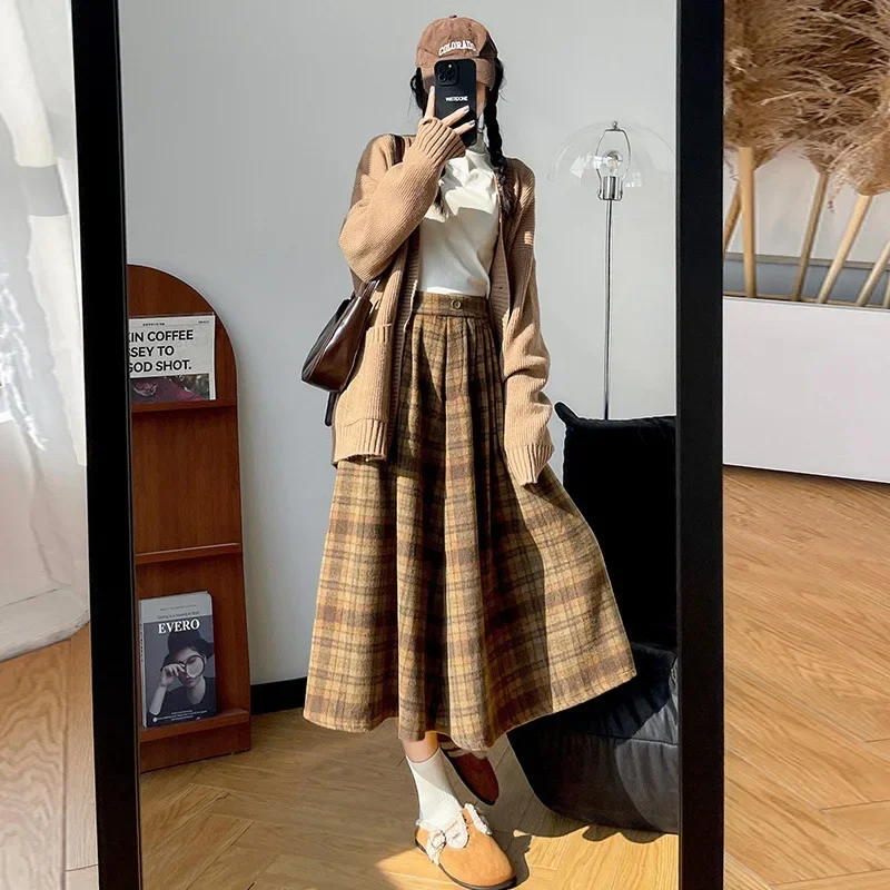 New Style Women's Plaid Skirt High-Waisted A- Line Umbrella Skirt Medium-Length Woolen Skirt Petite Autumn Winter 2024