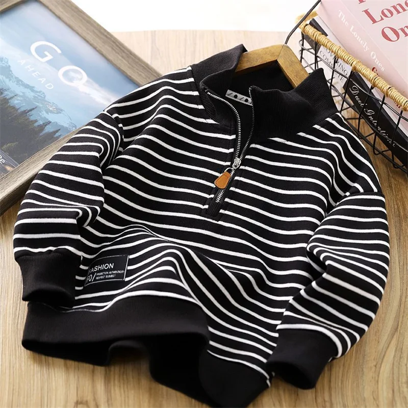 Kids Half Zip Sweatshirts Boys Striped Casual Hoodies Children Long Sleeve Sport Shirts Teens Spring Autumn Long Sleeve Clothing