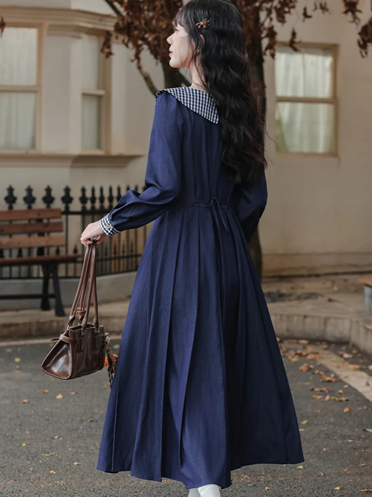 Outono azul chique xadrez arco boneca colarinho plissado vestido longo feminino coreano elegante bodycon vestido 2025 vintage vestidos de festa de luxo