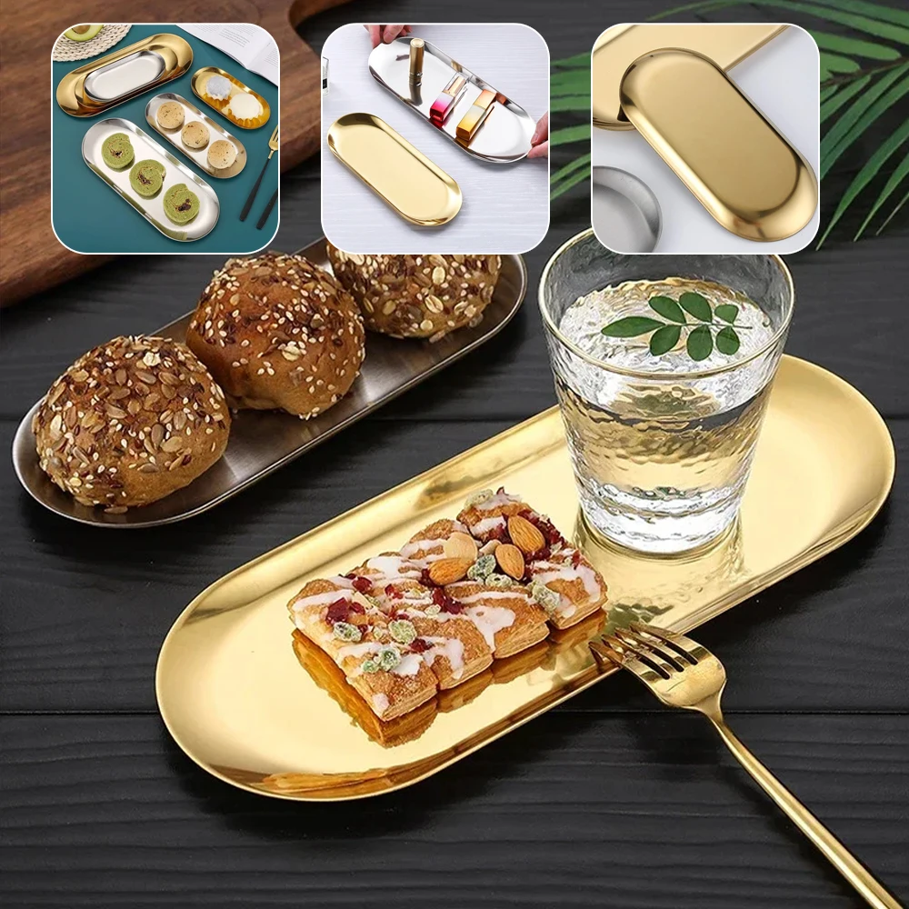 

Gold/Silver Tray European Stainless Steel Oval Barbecue Plate Snack Bread Cake Dessert Dishes Flat Chassis Retro Storage 주방정리수납