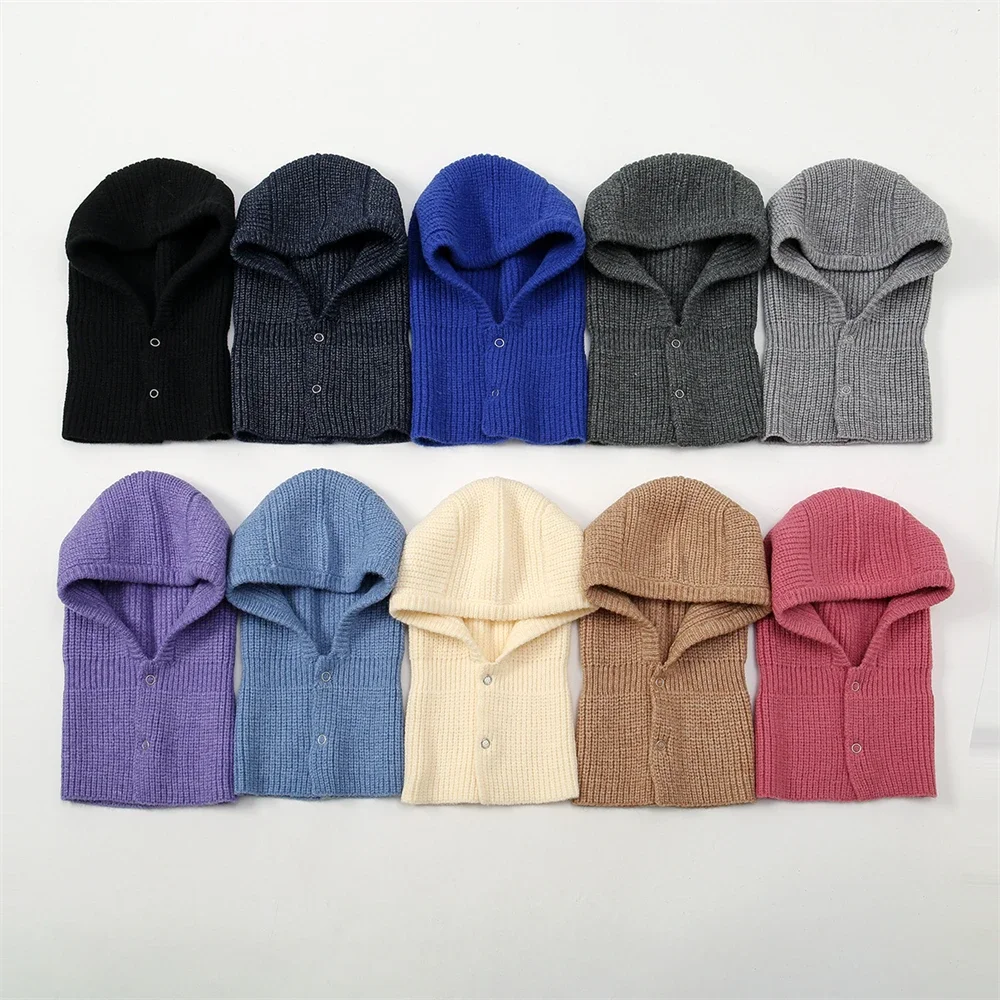 

Knitted Balaclava Hat Thick Autumn Winter Soft Hood 2 Buttons Scarf Elegant Beanies Women Men Neck Warm Unisex Headgear Cap