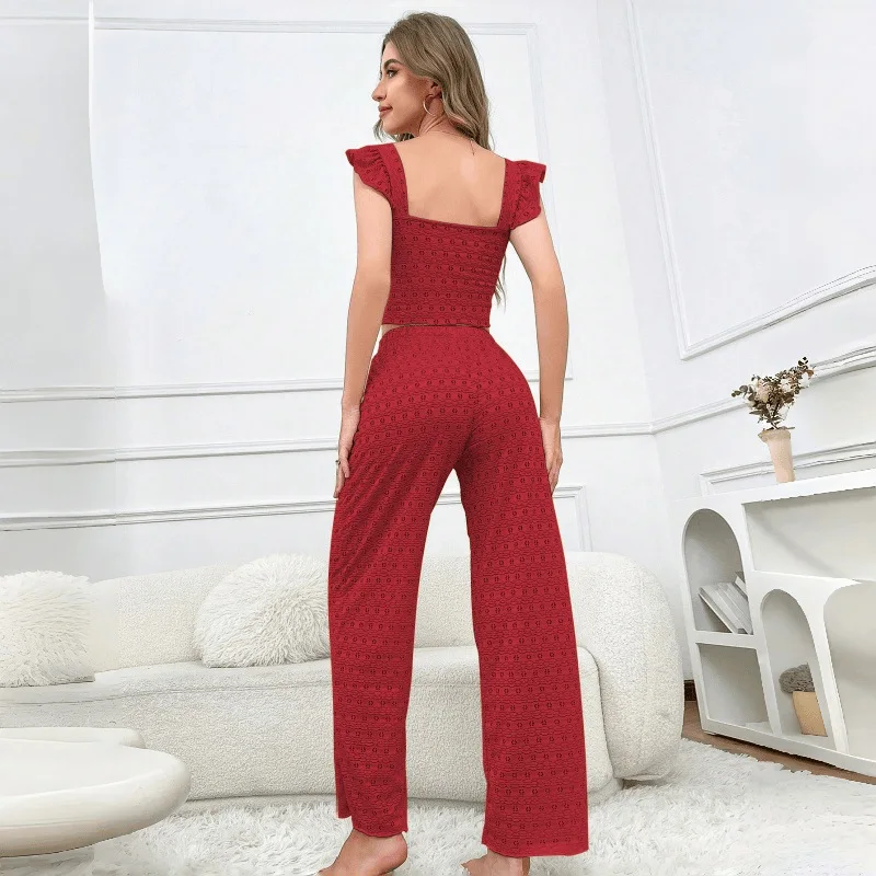 2026 الربيع الصيف الصلبة ضئيلة منامة الترفيه Homewear مجموعة مثير ساحة الرقبة قطعتين Pj مجموعات طويلة الأكمام بلايز السراويل ملابس خاصة #4