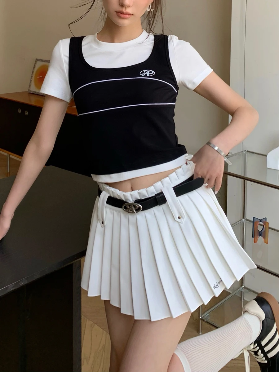 

LREEDOM White Pleated Skirt Women's College Sle f-length Skirts Polyester Fiber High Waist A-Line Pure Color