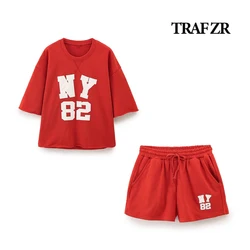 TRAF ZR 2 pezzi New Complete Crews Preppy Style Short set per le donne o-collo mezza manica Tee orlo non finito top Mini Hot Pants