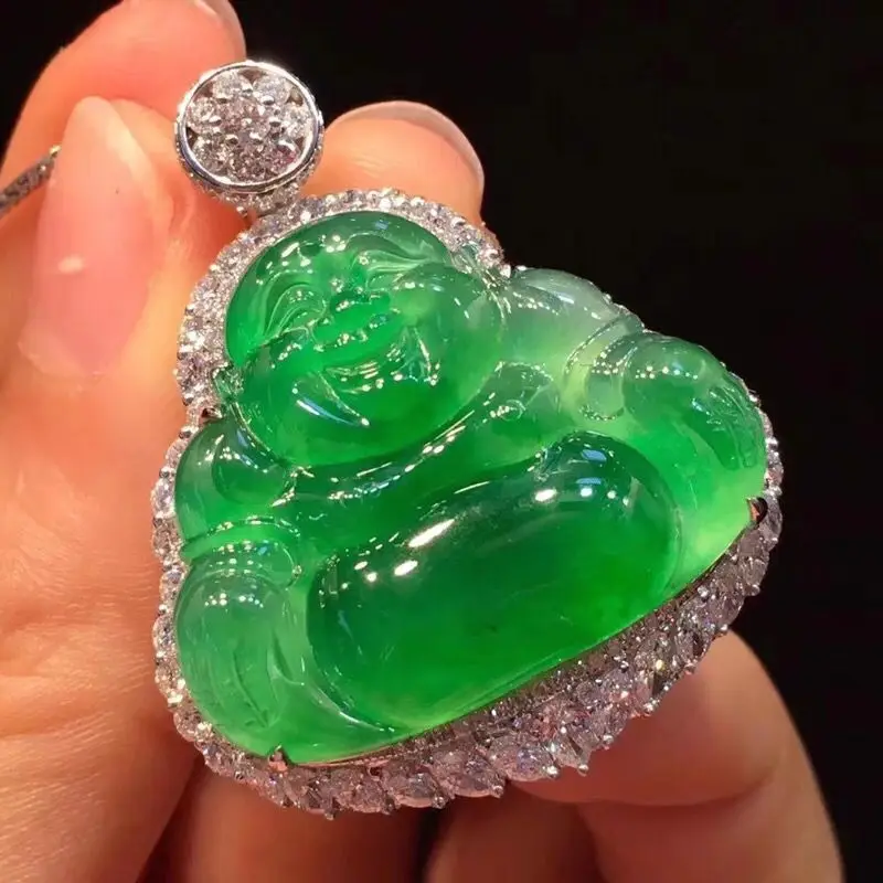 Laughing Ice Green Maitreya Necklace Pendant for Women Jade Buddha
