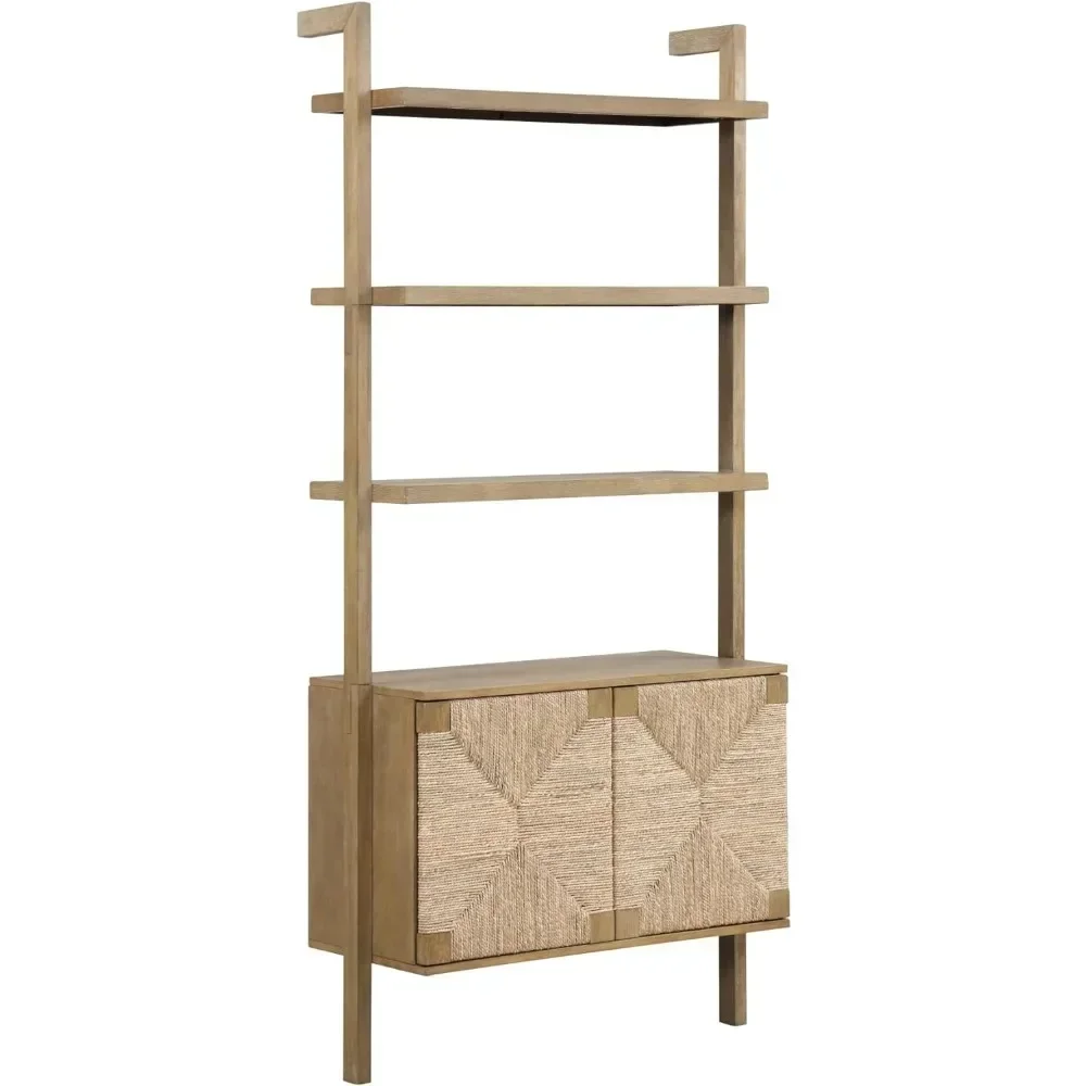 Beacon 3-Shelf Solid Wood Bookshelf with Storage Cabinet, Bohemian Wall Mounted Shelf with Seagrass Door Fronts