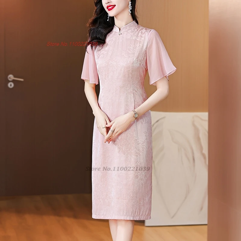 2024 vestido vintage chino cheongsam mejorado satén nacional jacquard gasa manga vestido qipao vestido folclórico oriental