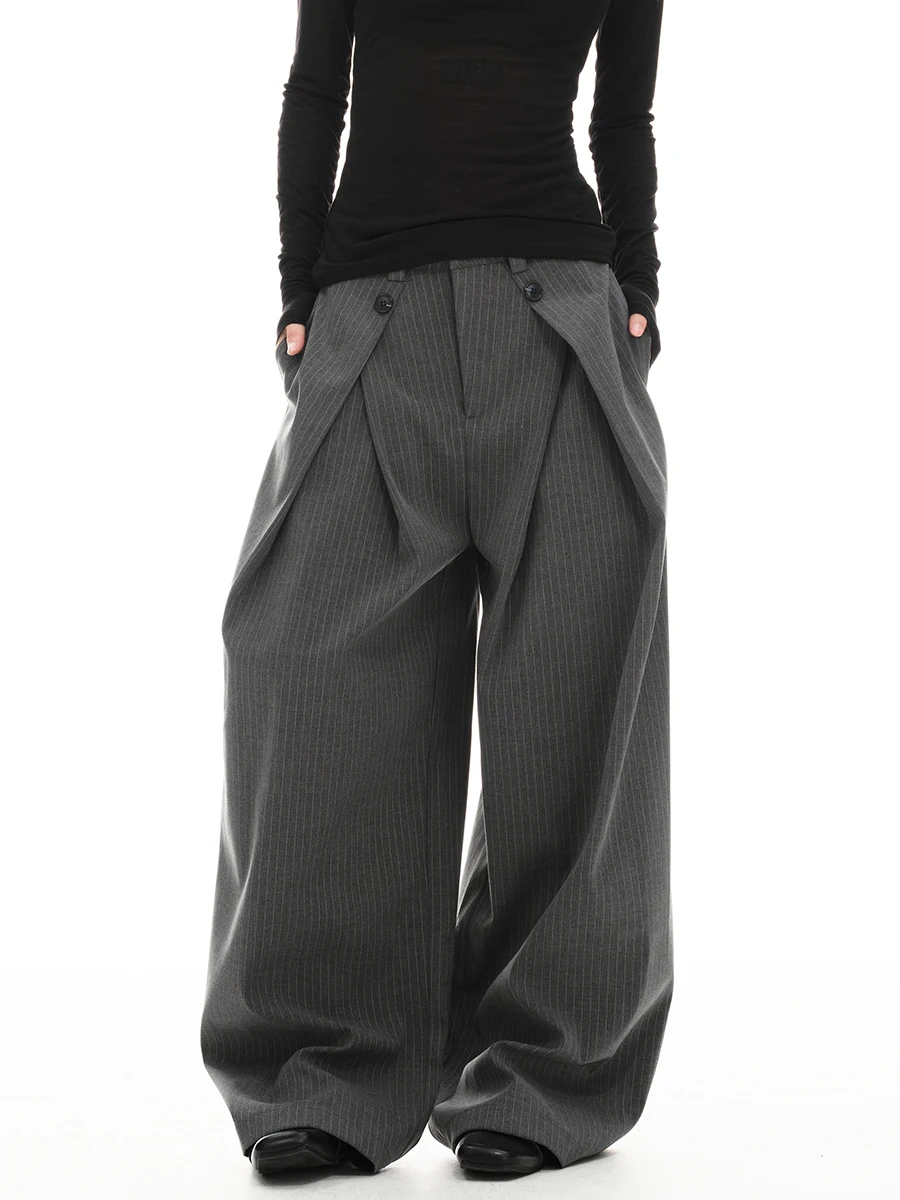 REDDACHiC Calças femininas listradas de pernas largas com bolsos para trabalho casual solto Cleanfit calças de terno plissadas escritório unissex bottoms