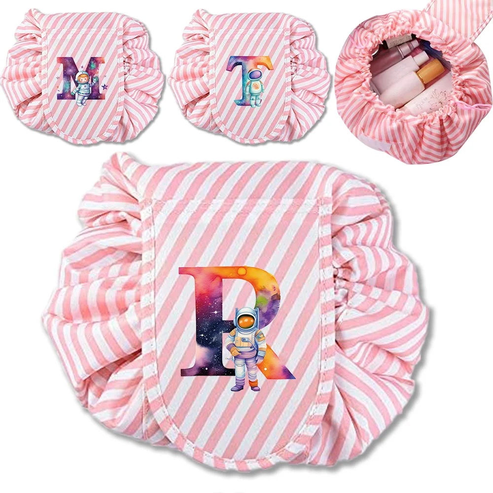 Drawstring Cosmetic Bags Ladies Portable Red Stripe Makeup Bag Organizer Washing Bag Makeup Storage Bags Astronaut Letter Series