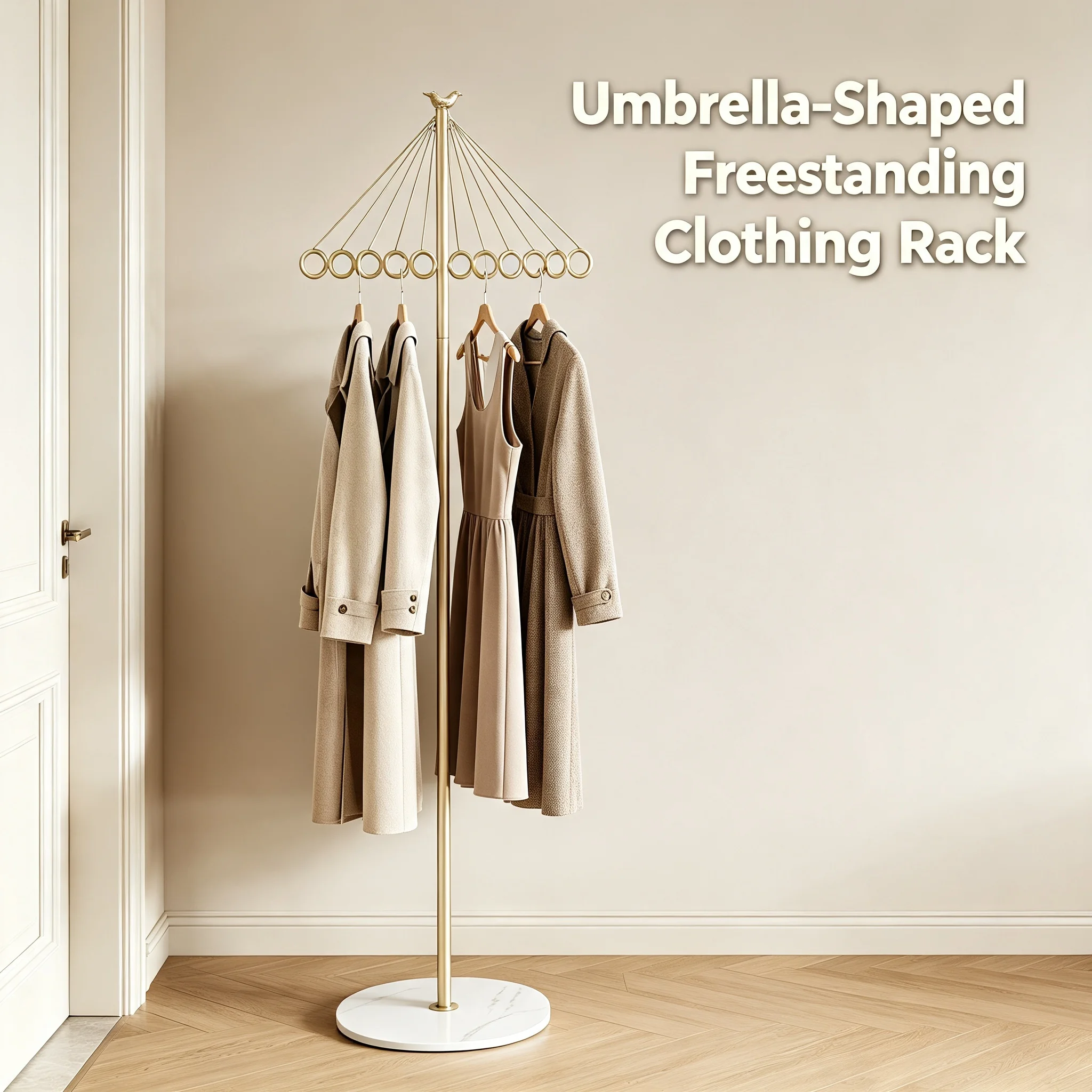 Freestanding Clothing Rack with 10 Hooks, Umbrella-Shaped Metal Garment Stand with Rock Slab Base, 33 lbs Capacity for Entryway Bedroom, Gold/White