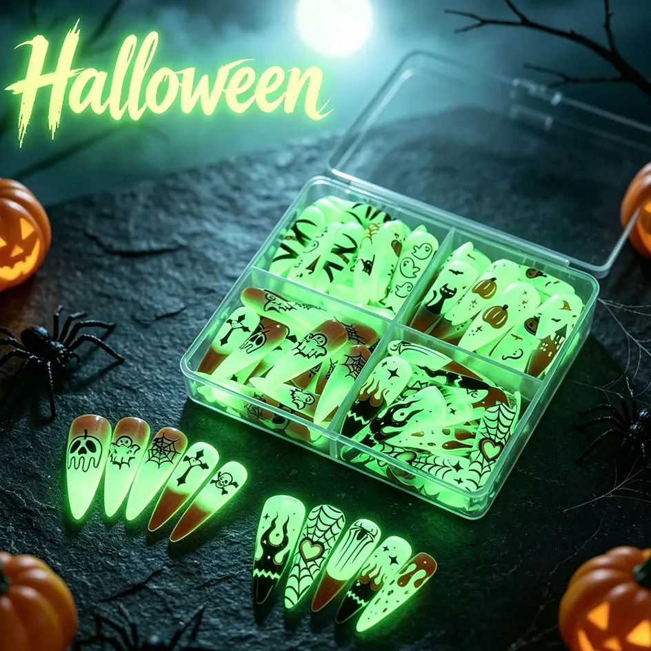 96pcs Glow in Dark Halloween Long Almond Press On Nails 3D Ghost Pumpkin Cross Skull False Nails Full Cover Fake Nails for Party