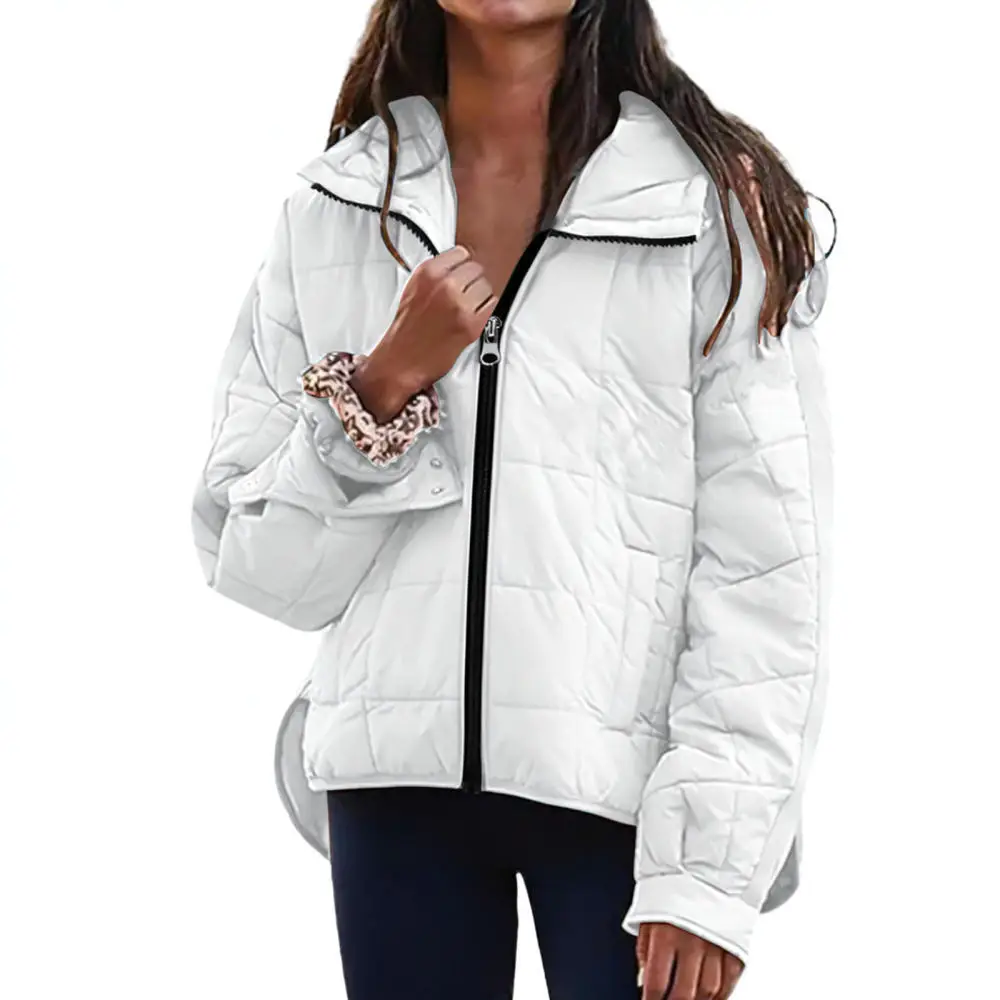 2025 Ladies Cotton Jacket Loose Hooded Long Sleeve Zipper Coat Solid Color Casual Winter Warmth Outerwear Round Hem Top