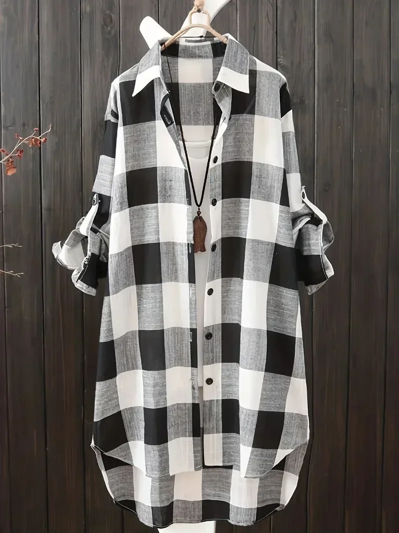 Plus Size 1XL-5XL Women\'s Casual Blouse Lapel Collar Longline Shirt Top Plaid Print Button Up Roll Up Long Sleeve Shirt