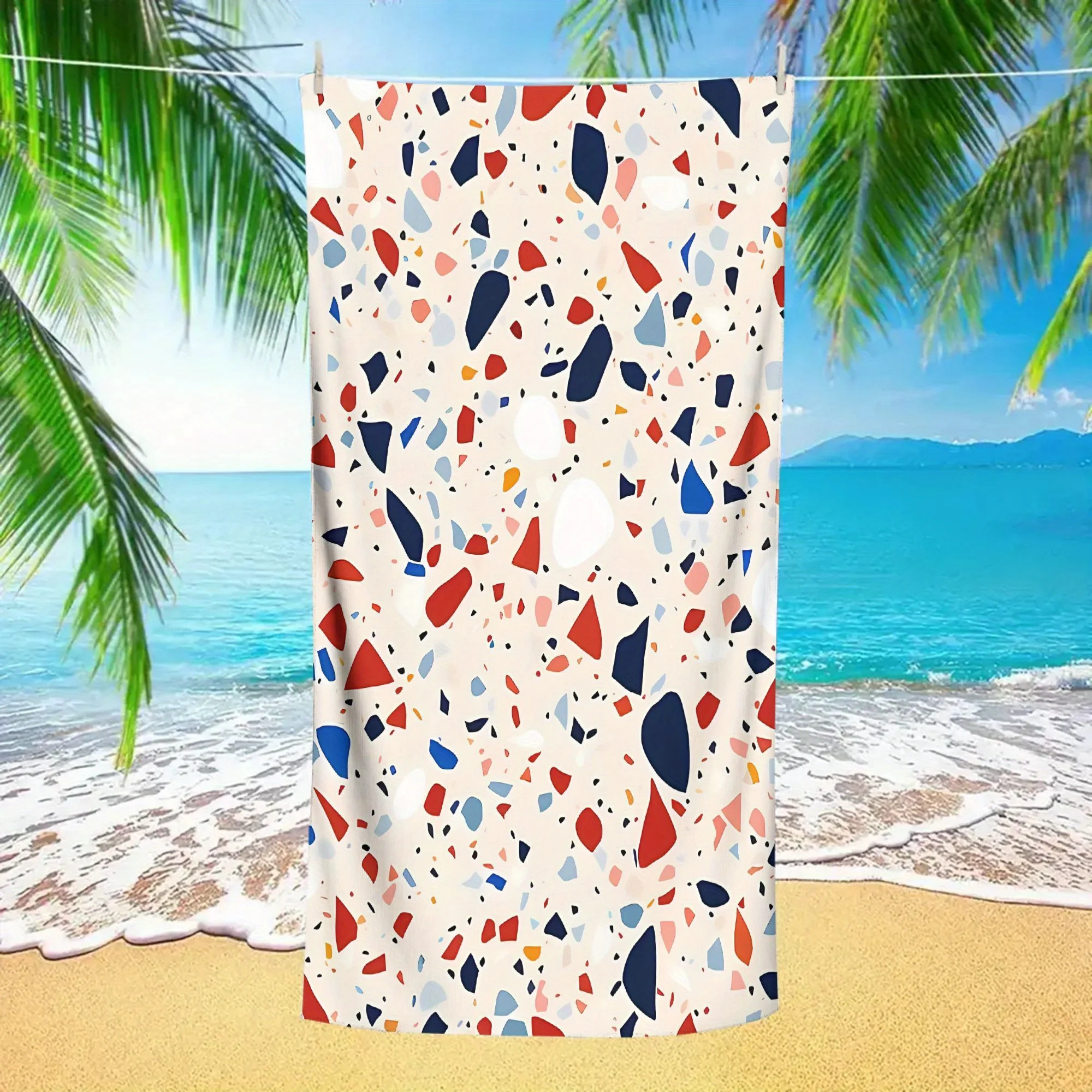 1 toalla de playa de microfibra de secado rápido: patrón de terrazo rojo, blanco y azul, ligera y suave para viajes, piscina y camping,